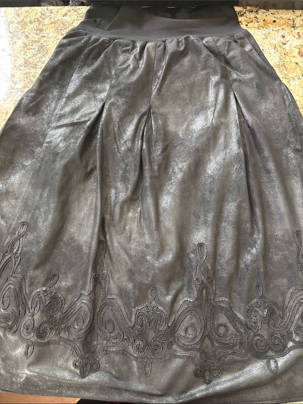 Reba Shimmery Faux Suede Black A-Line Skirt with Embroidered Hem